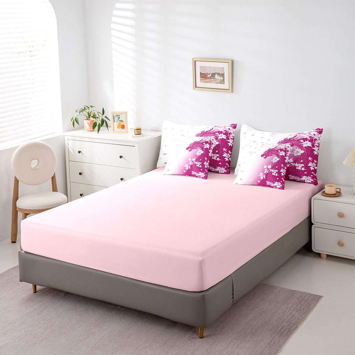 Erosebridal Pink Fantasy Dragon Bed in A Bag Pink White Gradient Princess Bedding Set for Kids Girls Teen Women,Magical Wildlife Animal King Comforter Set 7 Piece Dreamy Cherry Blossom Bed Set