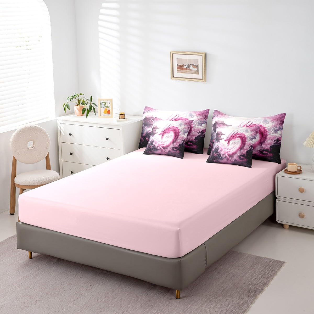 7 Pieces Pink Dragon Comforter Set Queen,Japanese Style Building Bed Set for Kids Boys Girls,Cherry Blossom Bedding(1 Comforter,1 Fitted Sheet,1 Flat Sheet,2 Pillowcases,2 Throw Pillow Cover)