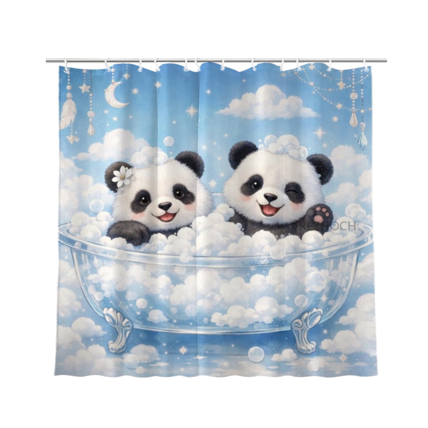 REZHOCH Dreamy Funny Panda Shower Curtain 72x72Inch,Cute Animal Home Bathtub Bathroom Decor,Boho Sky Cloud Bubble Bath,Blue Waterproof Fabric Bath Curtain Set with 12 Hooks