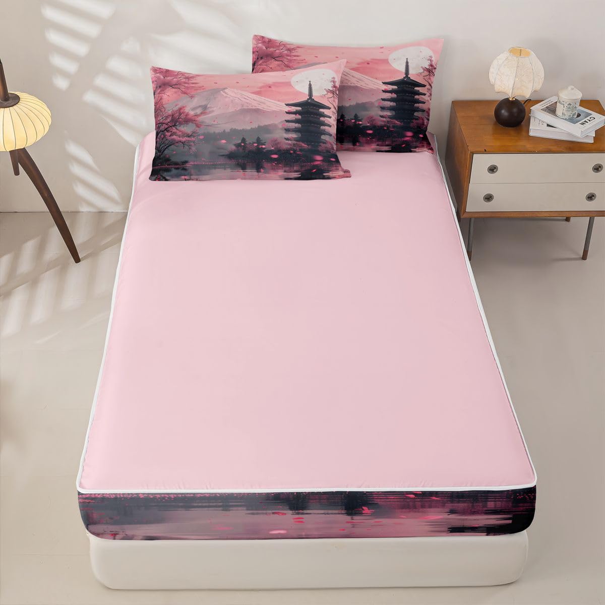 Erosebridal Pink Japanese Kids Comforter Set Full Cherry Blossom Zipper Bedding Sets for Boys Girls Teen Mount Fuji Sunset 3 Pcs Bed in a Bag Set Vintage Japanese Art Zip Up Bedding