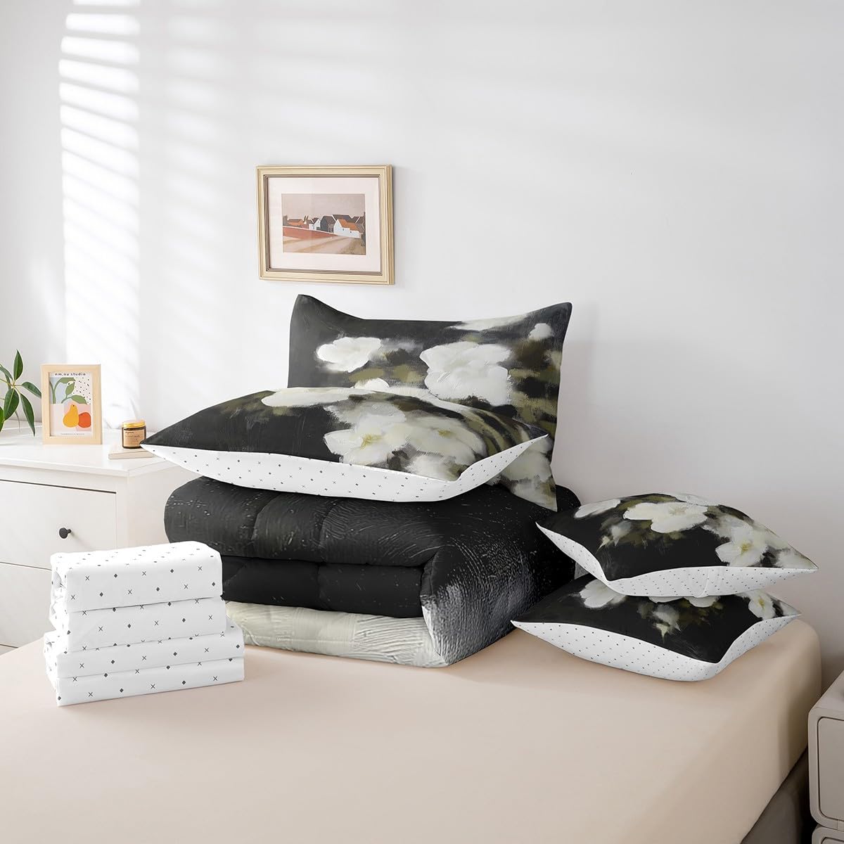 Erosebridal Oil Painting Flower Bedding Set for Kids Teens,Abstract Art Comforter Set Full Size,White Daisy (Comforter+Fitted+Flat Sheet+2 Pillowcases+2 Throw Pillow Covers) 7 Pieces Bed Set