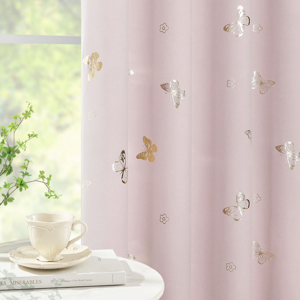 Jubilantex Pink and Gold Butterfly Blackout Curtains 84" Length for Baby Girls Nursery Bedroom and Living Room,80% Blackout Window Treatment,Grommet Top,2 Panels,Lavender Pink