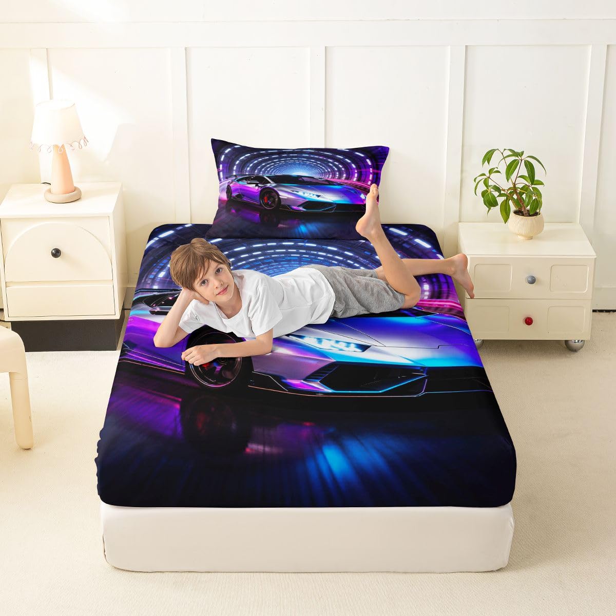 Feelyou Boys Race Car Fitted Sheet Twin Size for Kids Boys Girls Sports Racing Car Bed Sheets Set 16" Deep Pocket Soft Breathable Purple Racing Extreme Sports Bedding with 1 Pillowcase Room Decor
