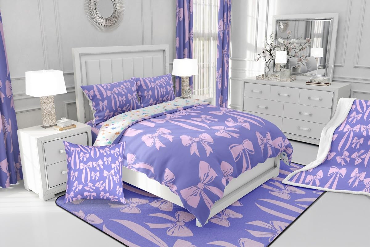 Feelyou Cute Bowknot Bedding Sheets Girls Like Full Purple Bowknot Bed Sheet Set Kids Cartoon Style Fitted Sheet Ribbons Silk Bows Bed Cover 3Pcs,1 Fitted Sheet+2 Pillow Sham（No Flat Sheet）