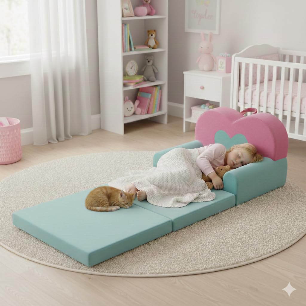 KKS KAKINNSYUU 2 in 1 Toddler Couch Kids Sofa, Fold Out Foam Couch Convertible to Lounger, Soft Plush Toddler Sofa for Playroom, Kids Furniture Gift for Birthday Childrens Day, Pink Heart