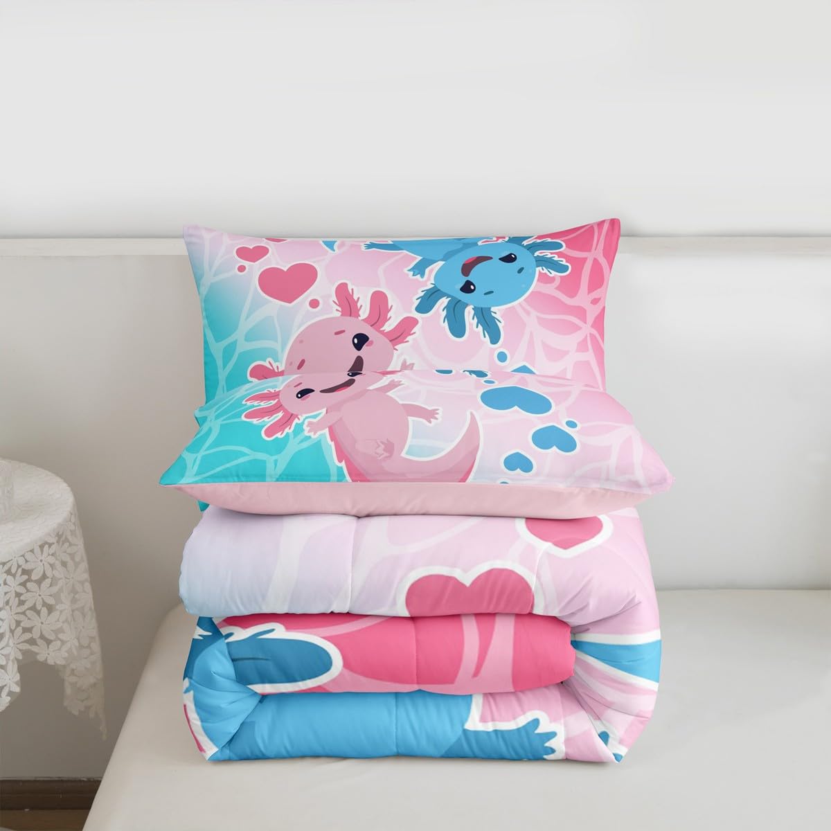 Axolotls Comforter Set Twin Size,Blue Pink Kids Bedding Set 2Pcs with 1 Pillowcase,Ocean Animals Theme Down Comforter Cartoon Lovely Salamander Quilted Duvet Insert for Girls Boys Bedroom Decor