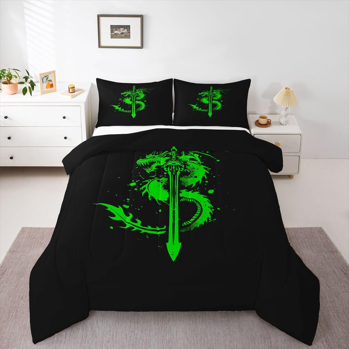 jejeloiu Fairy Dragon Kids Comforter Set Toddler Size Mysterious Western Wlidlife Bedding Set Sword Green Duvet Quilt for Kids Boys Girls Bedroom Decor Microfiber Ultra Soft Breathable