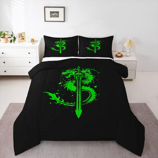 jejeloiu Fairy Dragon Kids Comforter Set Toddler Size Mysterious Western Wlidlife Bedding Set Sword Green Duvet Quilt for Kids Boys Girls Bedroom Decor Microfiber Ultra Soft Breathable