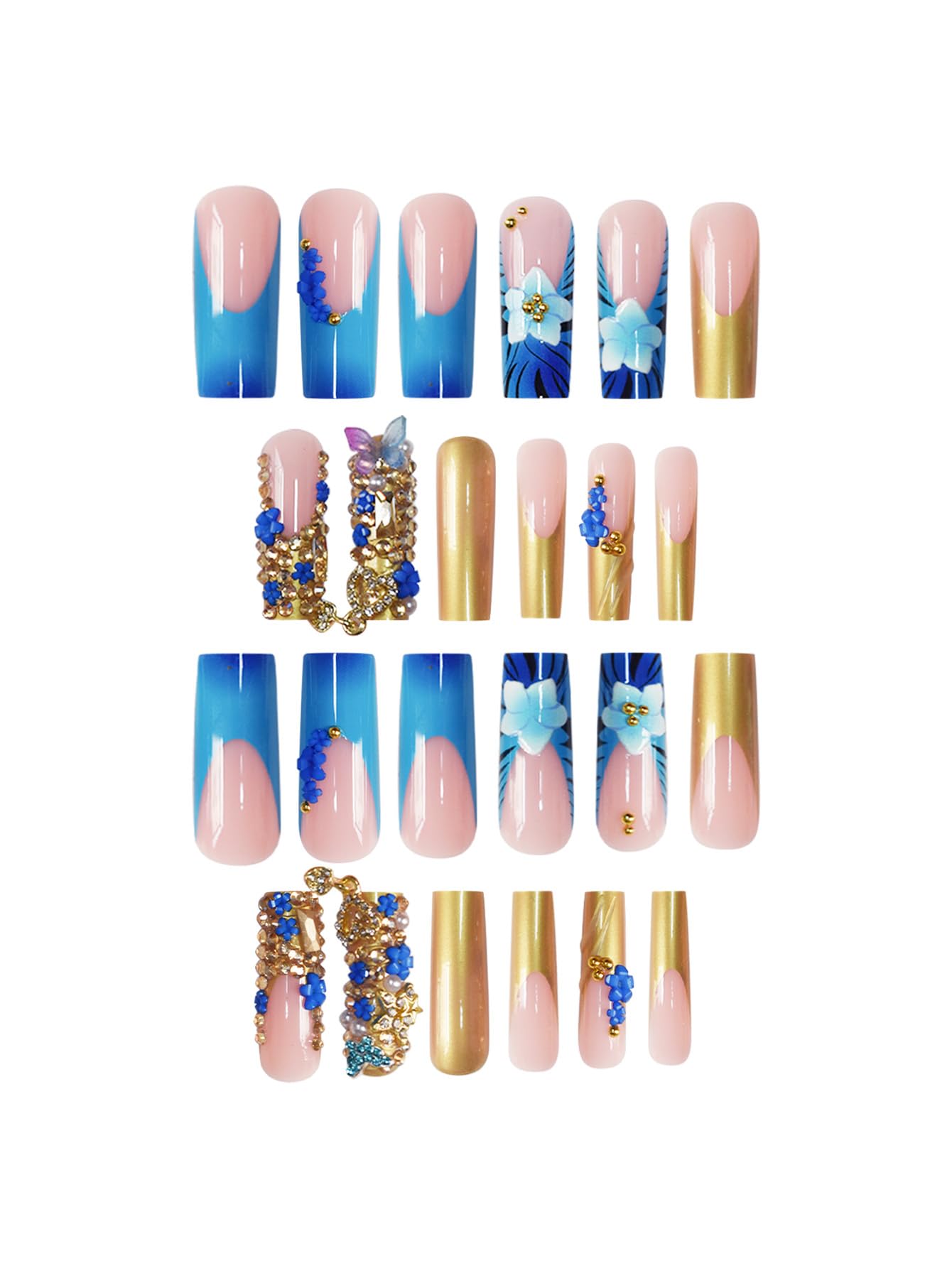 SEENEEY Press on Nails Square Long Fake Nails Blue Extra Long Nail Press Ons with Flowers Designs Artificial Stick on Nail for Women 24pcs