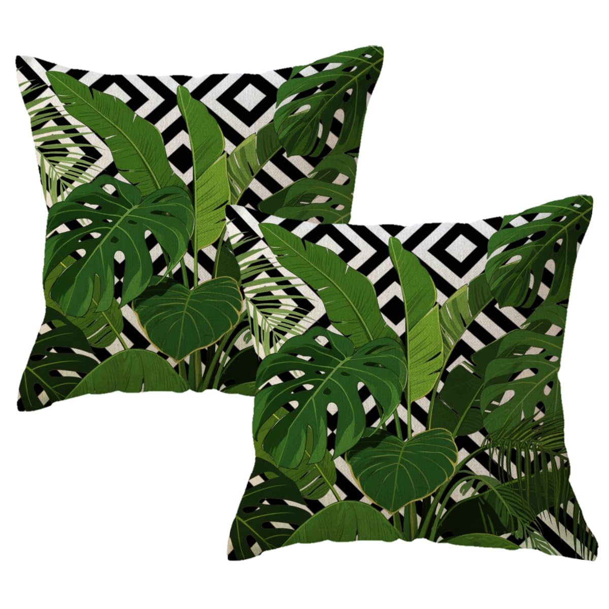 ULOVE LOVE YOURSELF 2Pack Tropical Green Leaves Throw Pillow Cover with Geometric Background Home Decorative Square Cushion Covers Summer Home Decor Palm Pillowcase 18 X 18 Inch(Palm Tree)