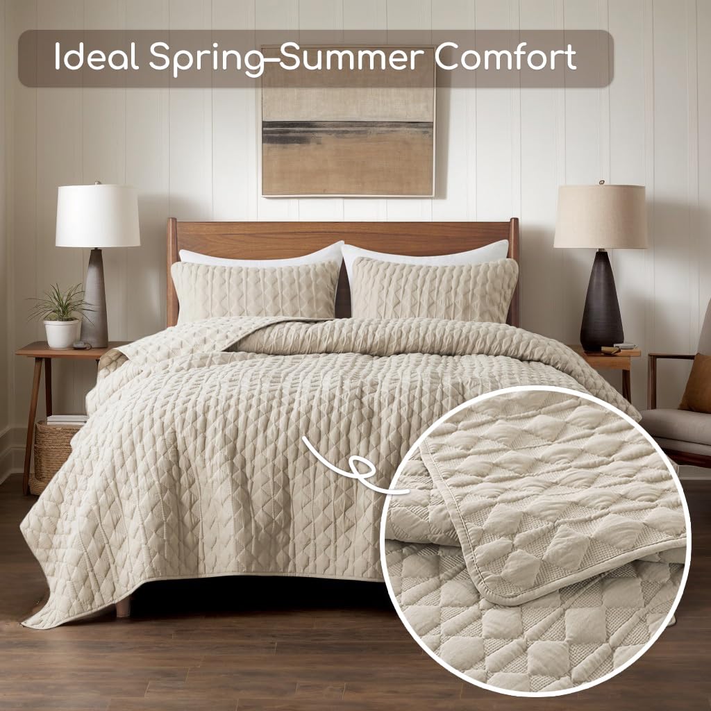 Beige Quilt King Size Bedding Sets with Pillow Shams, Lightweight Soft Bedspread Coverlet, Quilted Blanket Thin Comforter Bed Cover, All Season Summer Spring, Tan Cream, 3 Pieces, 104x90 inches