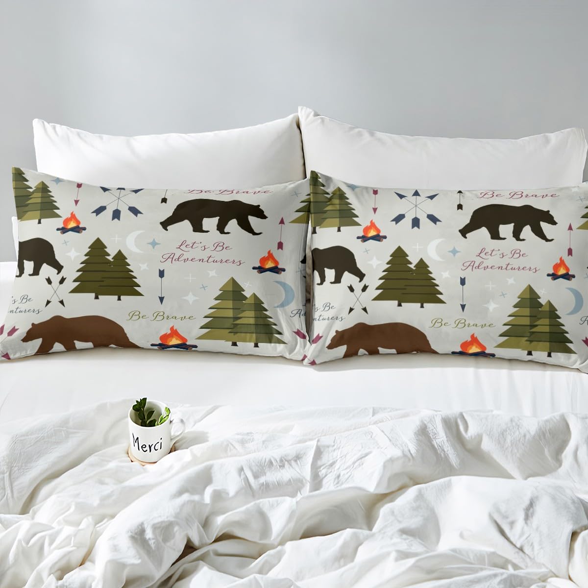 Homewish Happy Camping Fitted Sheet Twin Size Hunt Bear Pine Trees Bedding Set for Kids Boys Men Adults Cabin Room Decor Campfire Arrow Cartoon Bed Sheet Wild Outdoor Adventure Deep Pocket Sheet 2pcs