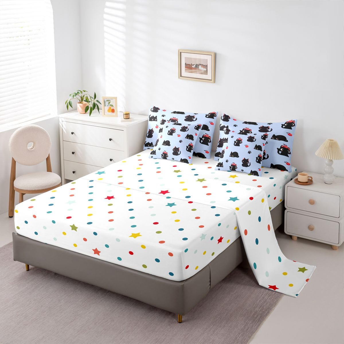 Erosebridal Cute Black Cats 7-Piece Bedding Set Full Size for Kids Girls Teens - Cartoon Black Cats Bed in a Bag Lovely Cat Paw Print Comforter Set with Sheets Kawaii Animal Cat Duvet Insert