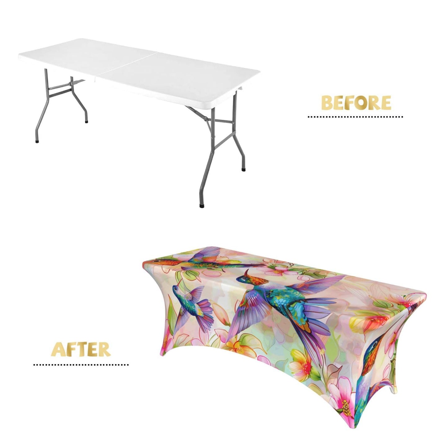 Ginfult Table Cloth Colorful Hummingbird Cherry Blossom Fitted Tablecloth for 6 Foot Rectangle Tables Stretch Table Cover for Party Picnic Wedding