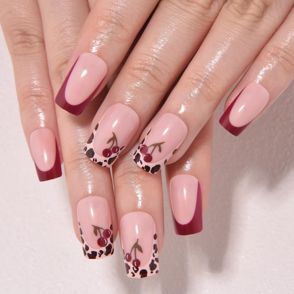 evpct Spring & Summer Press on Nails Medium Square No Glue, Cherry Fake Nails Press ons with 3D Pattern Design, Light Weight Perfectly Fit Fake Nails for Women Gift, Fake Nail Kit with Kits, 24Pcs
