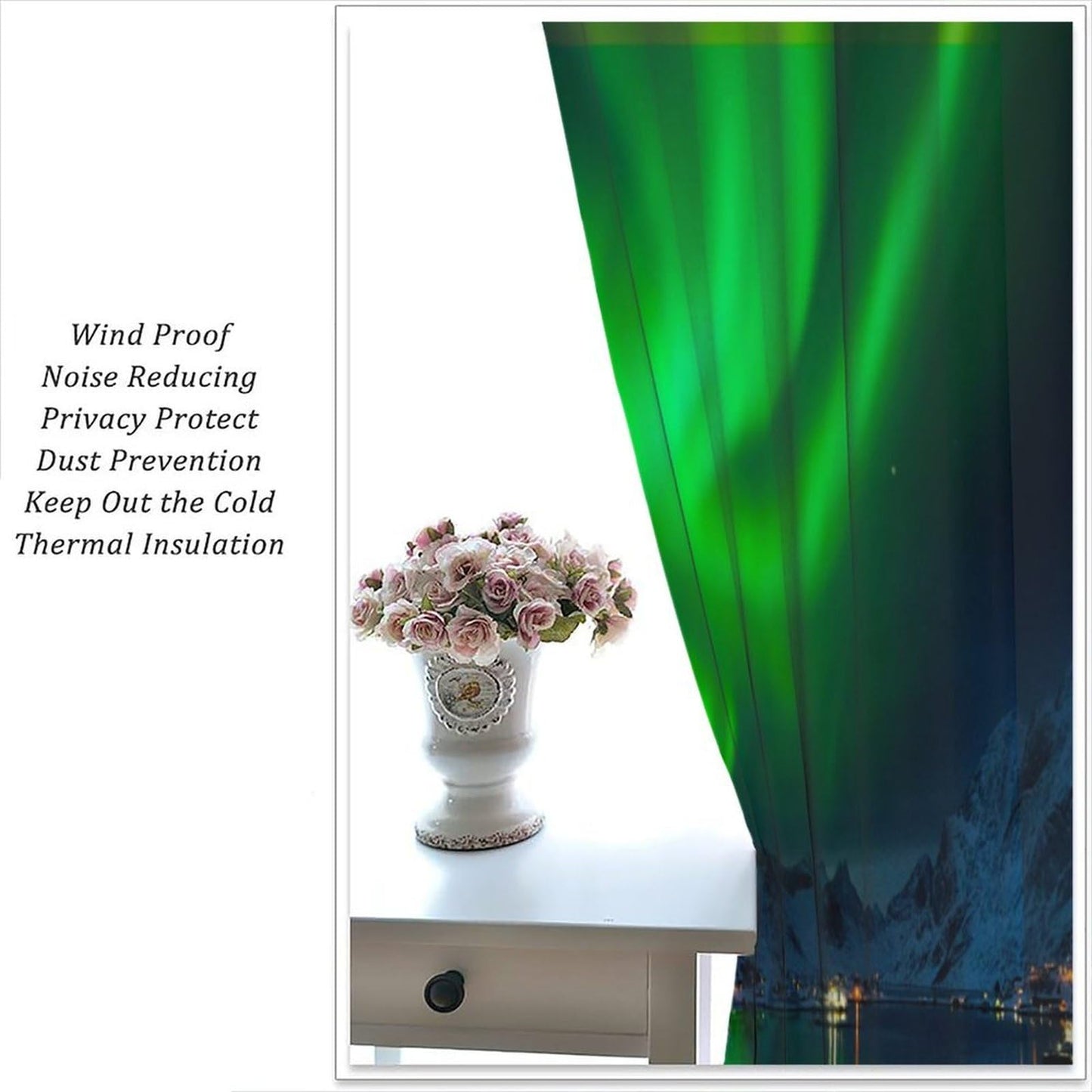 GoDazzling Night Aurora Nature Landscape Curtains, Green Northern Snow Mountain Lake Rustic Town Rod Pocket Window Drapes, for Bedroom Living Room 41" W X 45" L (No Blackout)