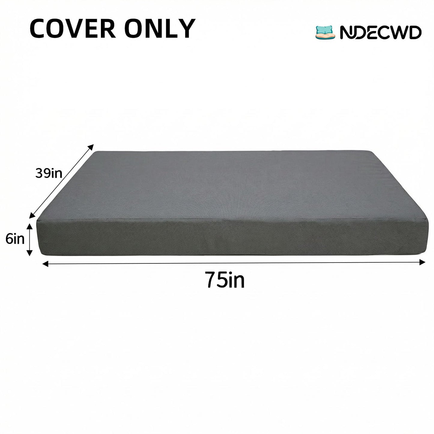 NDECWD Outdoor Twin Daybed Mattress Cover (75x39x6 Inch), Water-Resistant Replacement Slipcover with 3-Sided Long U-Shaped Zipper for Porch Swing Bed, Durable Patio Cushion Cover (Cover Only)