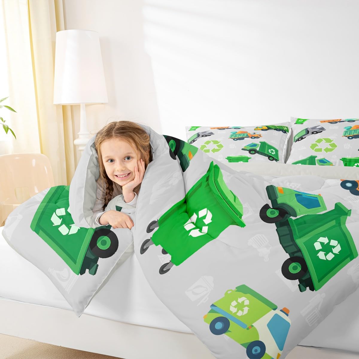 Feelyou Boys Green Garbage Truck Bedding Set - Cartoon Trash Truck Comforter Set for Kids Boys Girls Teens - Queen Size with 2 Pillow Case