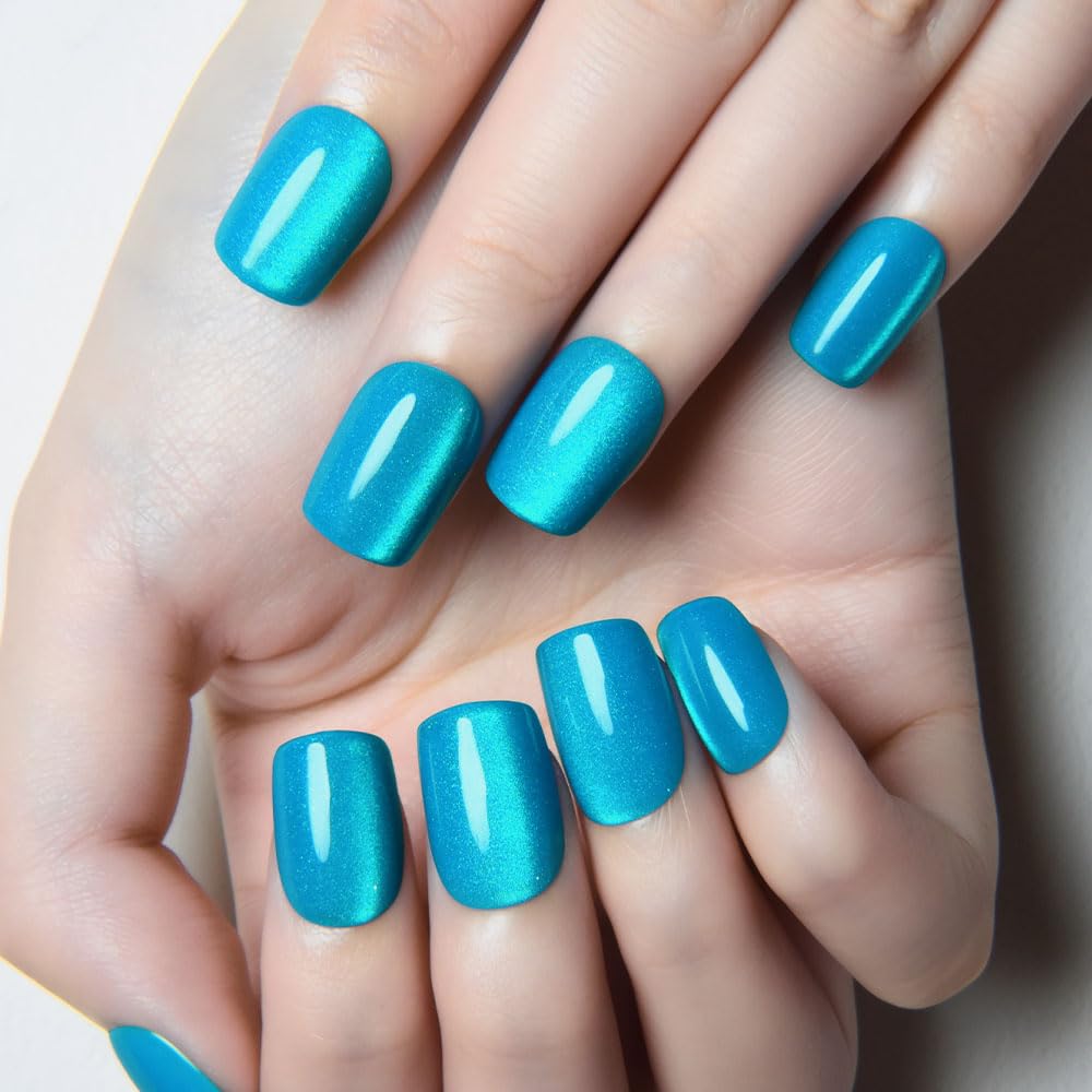 evpct Lake Blue Cat Eye Short Square Press on Nails, Short Square Stick on Nails for Women Gift, Lake Blue Glitter Glossy Fake Nail Reusable Press on Acrylic Fake Nail with Holographic Cat Eye Design