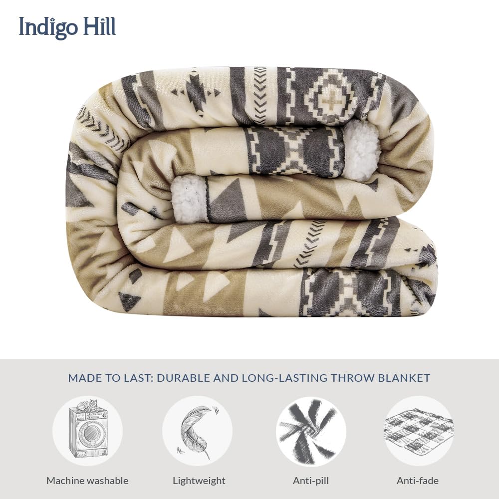 Paseo Road Indigo Hill by HiEnd Accents Desert Sage Aztec 3 Piece Sherpa Throw Blanket Set, Tribal Navajo Print Fleece Throw Set, Western Southwestern Style, 1 Throw and 2 Throw Pillows