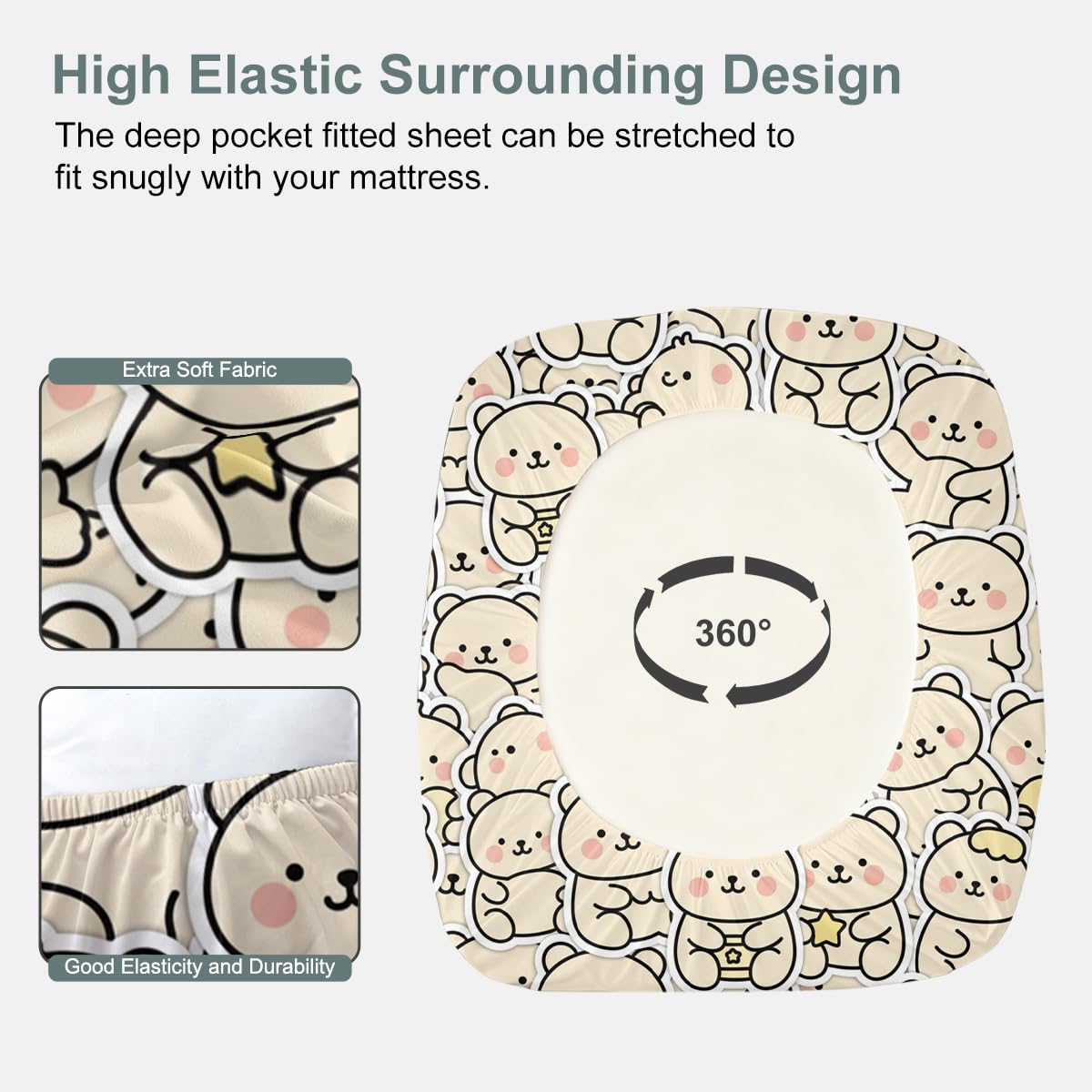 ARIGHTEX Cute Bear Fitted Sheet Set Twin Size, 3 Pieces Soft Cozy Kawaii Bear Bedding for Comfort Sleep, Neutral Cartoon Teddy Microfiber Deep Pocket Bed Sheets with 2 Pillowcases (No Flat Sheet)