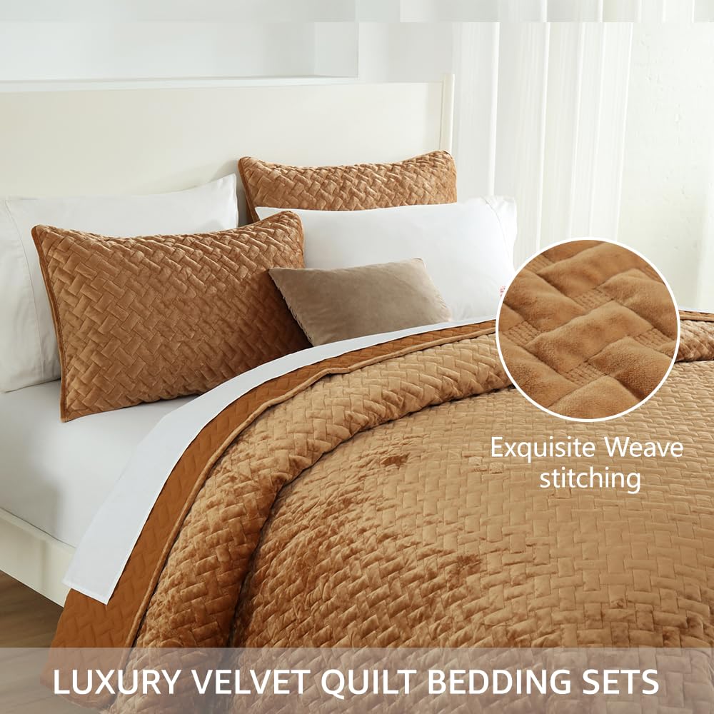 Liians Velvet Bedspread Quilt Bedding Sets,Luxury Elegant Ultra Soft Velvet Comforters Coverlet Blankets,Weave Stitching Pattern Cotton Quilted Bedspread for All Seasons,Taupe,King Size