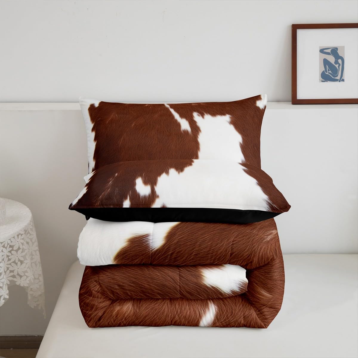 Cow Print Comforter Set Queen Size,Cowhide Print Bedding Set Teens Adults,Farmhouse Animal Hair Down Comforter,Rustic Western Bedding For Kids Boys Girls Teens Adult Bedroom Decor, Brown White