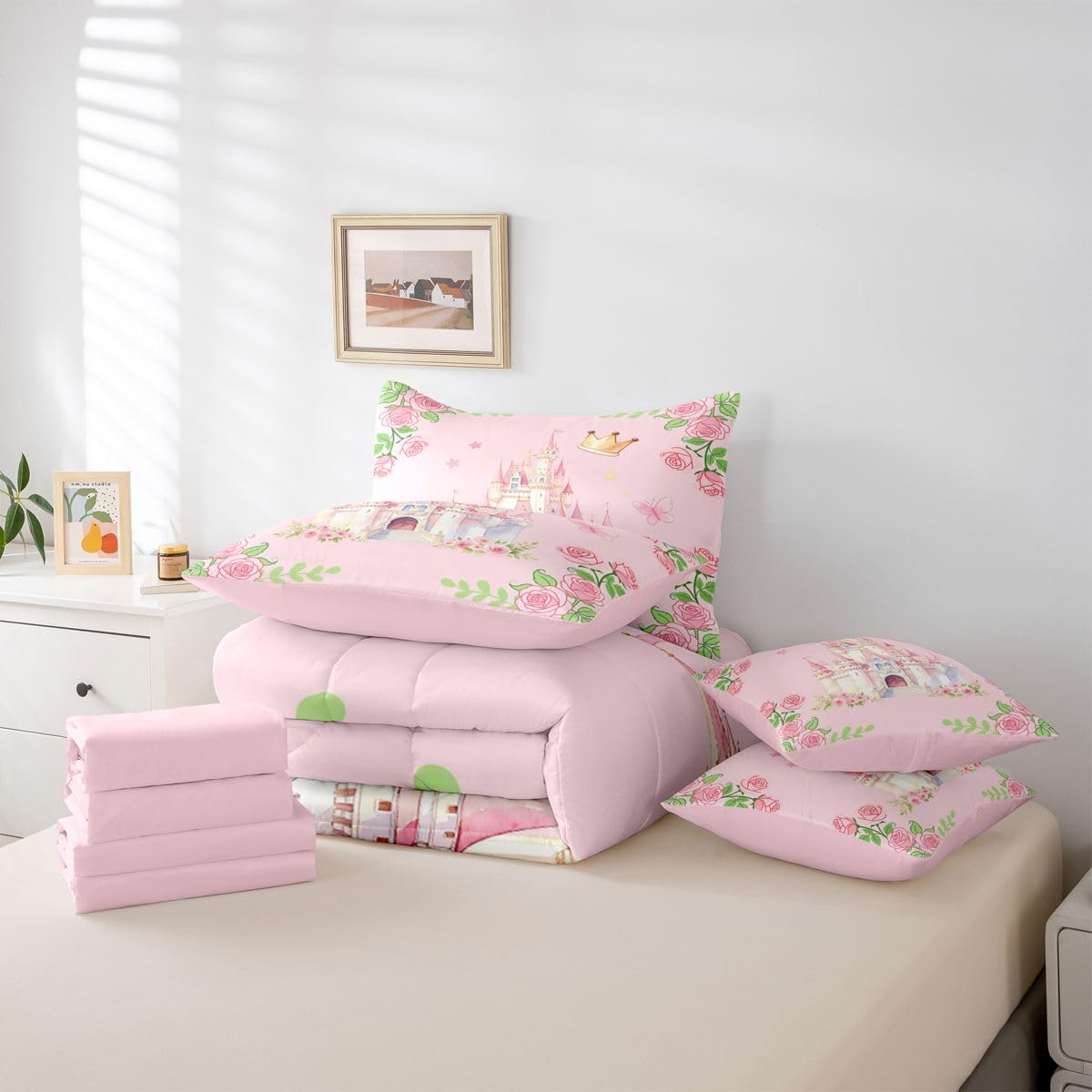 Feelyou Girls Pink Castle Comforter Set Queen SizeBlossom Flowers 7 Pcs Bedding for Kids Kawaii Cute Princess Style Boys Girls Bed in a Bag Bed Sheet Sets with Fitted Sheet Pillowcases for Bedroom Bed