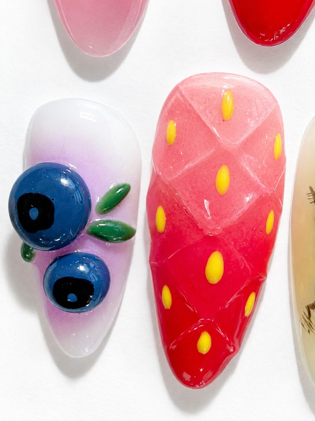 Handcrafted Press On Nails 3D Stereo Fruit and Insect Theme Fun Cherry Strawberry Kiwi Shape 100% Handmade Realistic Artistic Hand Nail Gifts For Women (3D Fruit Insect, Medium M)