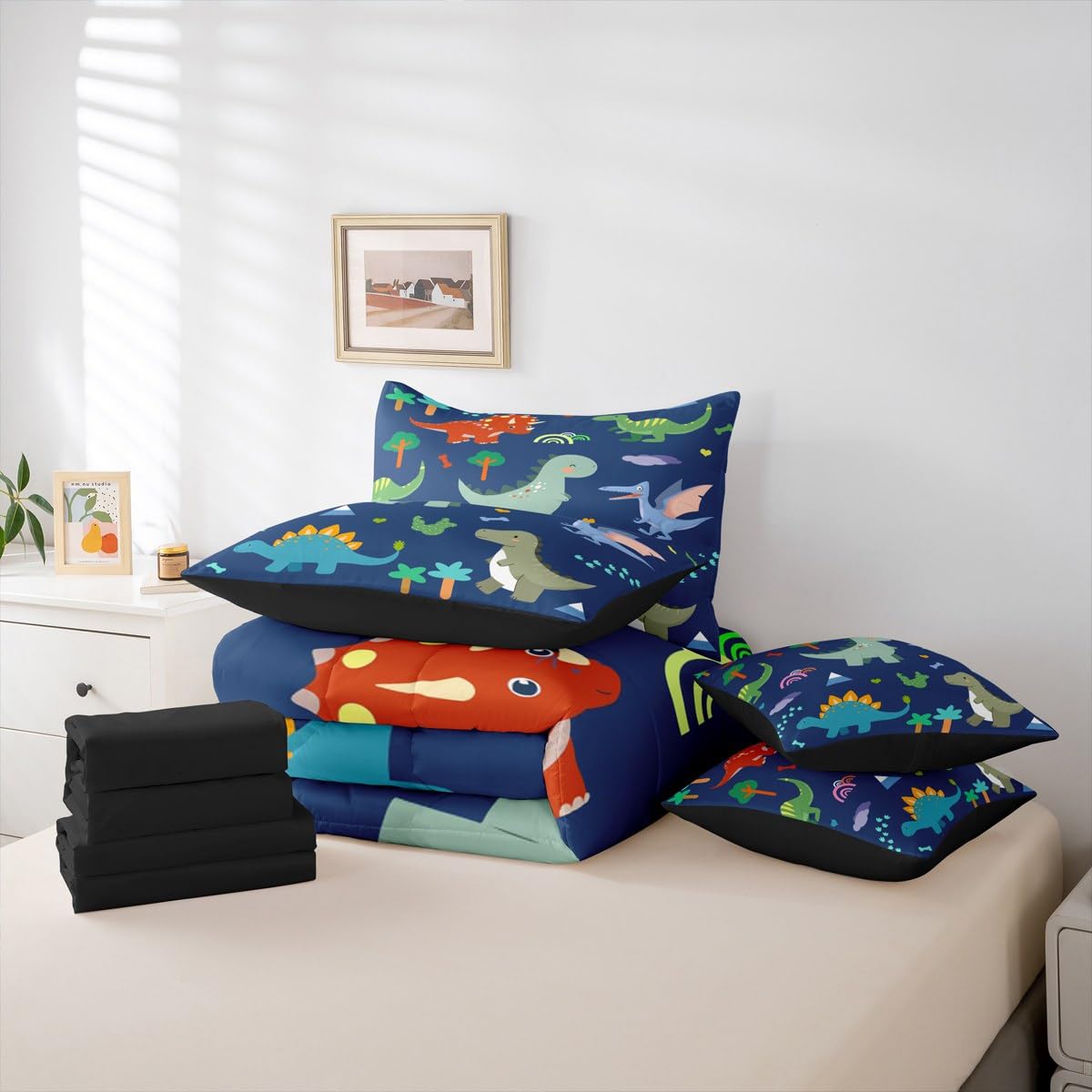 Erosebridal Cartoon 7 Piece Bedding Set King Dinosaur Comforter Set with Sheets Tree Bones Footprints Pterosaur Bed in a Bag Rainbow Triceratops Cute Dinosaur for Kids Boys Girls