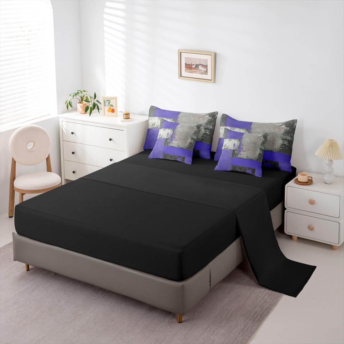 Feelyou Abstract Comforter Set King Size 7 Pieces Modern Abstract Art Bedding Set Luxury Bed in a Bag with Comforter, Sheets, Pillowcases, Cushion Covers Geometric Bedroom Decor Gray Purple