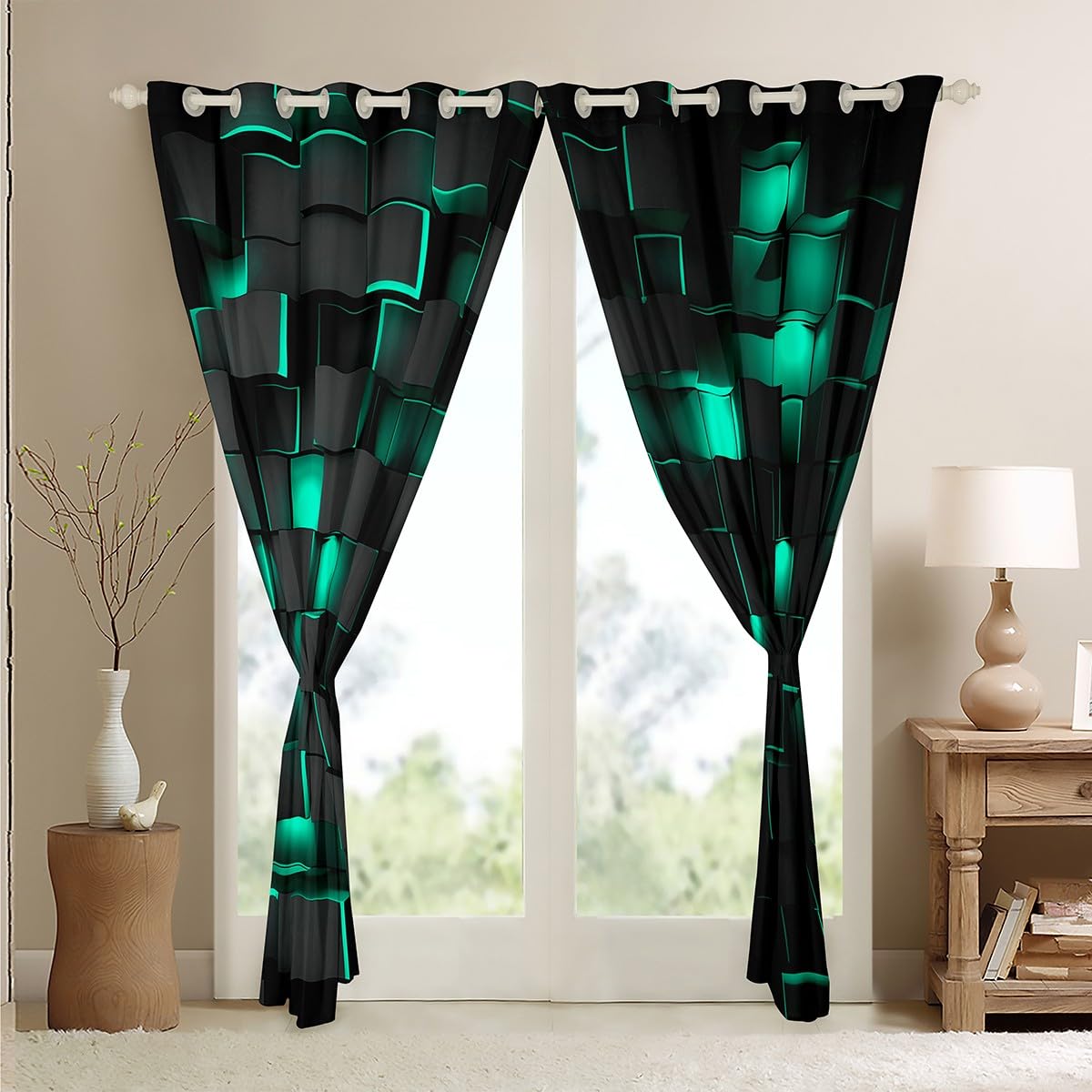 Feelyou Teal Blue and Black Darkening Drapes (2 Panels, 52 x 63 Inch) Light Geometric Curtains for Bedroom Living Room Blackout Curtains for Modern Window Treatments