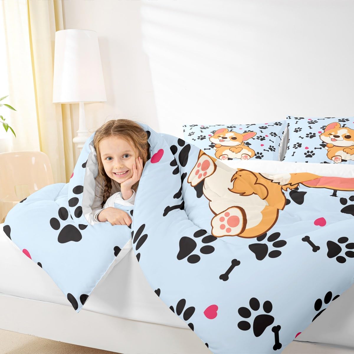 Castle Fairy Cute Corgi Comforter Set Twin Size,Cartoon Dog Footprint Bones Bedding 2pcs for Kids Boys Girls Room Decor,Smiling Doggy Quilt Family Paw Duvet Insert with 1 Pillowcase,Blue