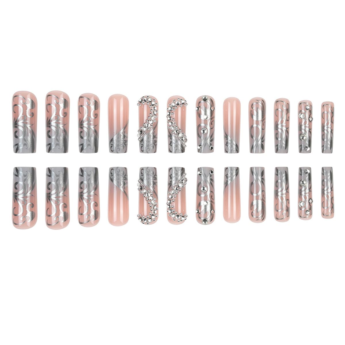 24Pcs Long Press on Nails Luxury Rhinestone Fake Nails French Glue On Nail with Sparkly Rhinestones Gem Silver Lines Designs Shiny Acrylic False Nails for Women Manicure Decoration