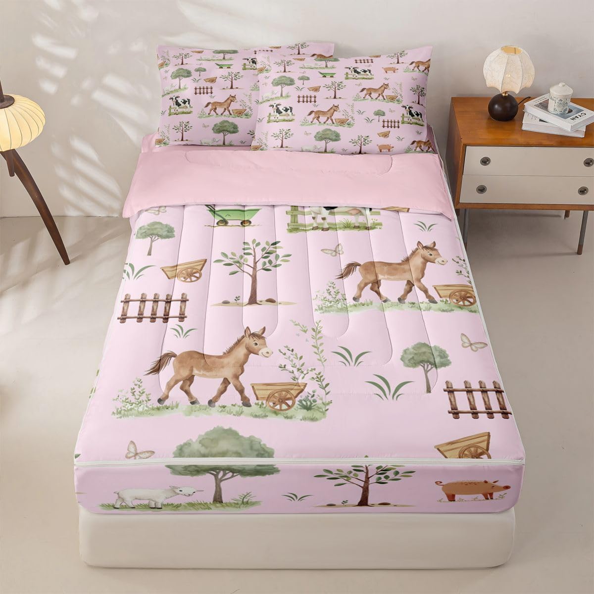 Erosebridal Farm Animal Kids Zip Up Bedding Set Twin Pink Cartoon Animals Zipper Comforter Set with Sheets Western Rustic Farmhouse Bed in a Bag Cute Horse Sheep Cow Pig Woodland Trees Bed Sets
