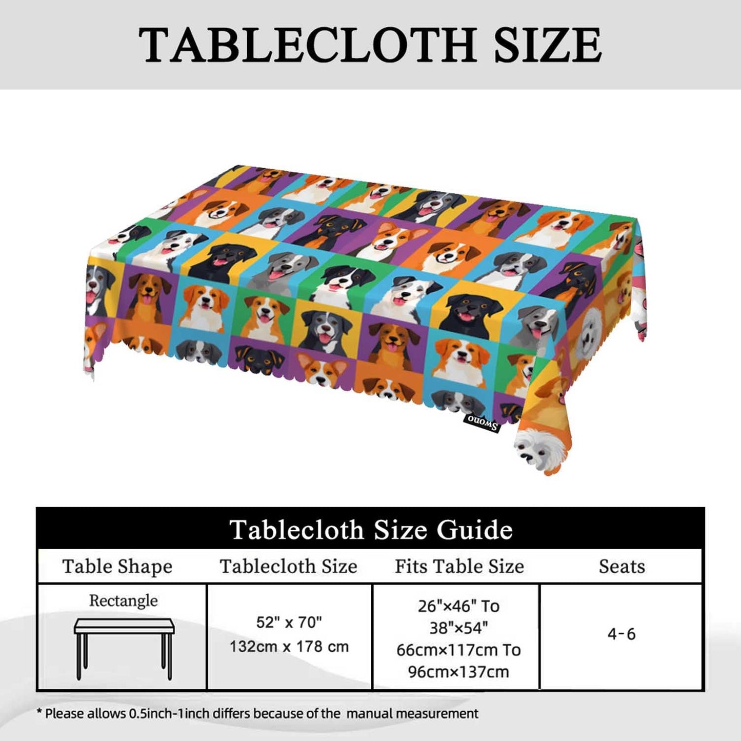 Swono Decorative Rectangle Table Cloth Dog Icon, Dog Puppy Head Poodle Shepherd Terrier Labrador Polyester Tablecloth Kitchen Table Cover for Dining BBQ Picnic Coffee Table 50x72, 4-6 Seats