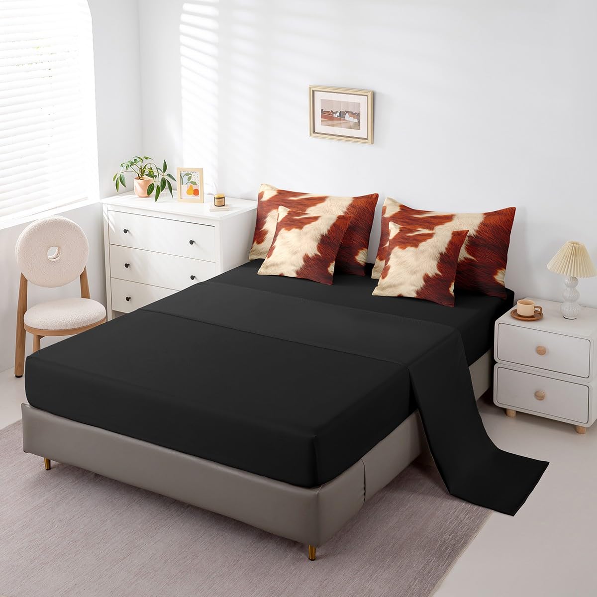 Erosebridal Brown Cowhide Bed in A Bag King Size Cow Print Kids Comforter Set 7 Piece Rustic Western Cowboy Bedding Set for Boys Teens Adult Bedroom Decor Farm Animal Fur Farmhouse Sheets