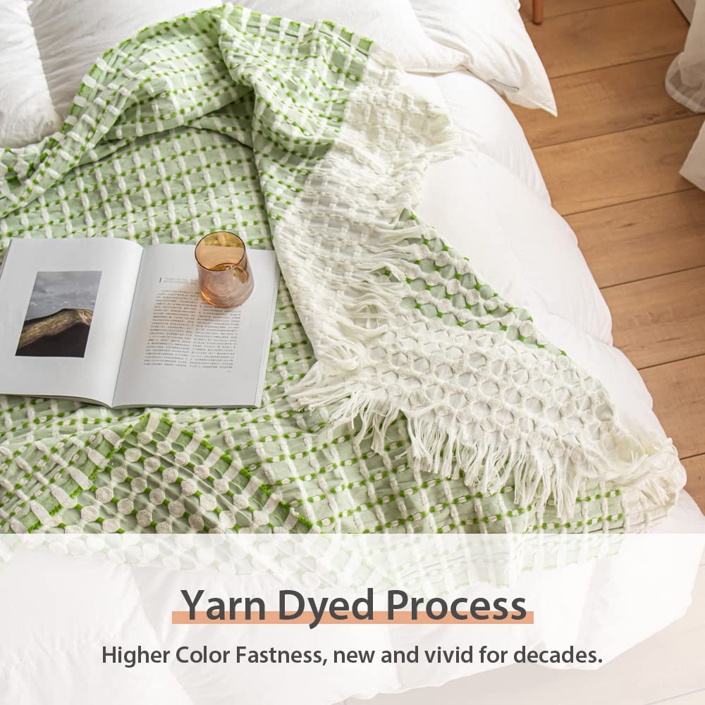 Simple&Opulence 100% Cotton Throw Blanket for Bed, Couch, Yarn Dyed Cable Knitted Jacquard Woven Blanket with Tassels, Soft Lightweight Cozy Breathable Farmhouse Decoration for All-Season(Green)