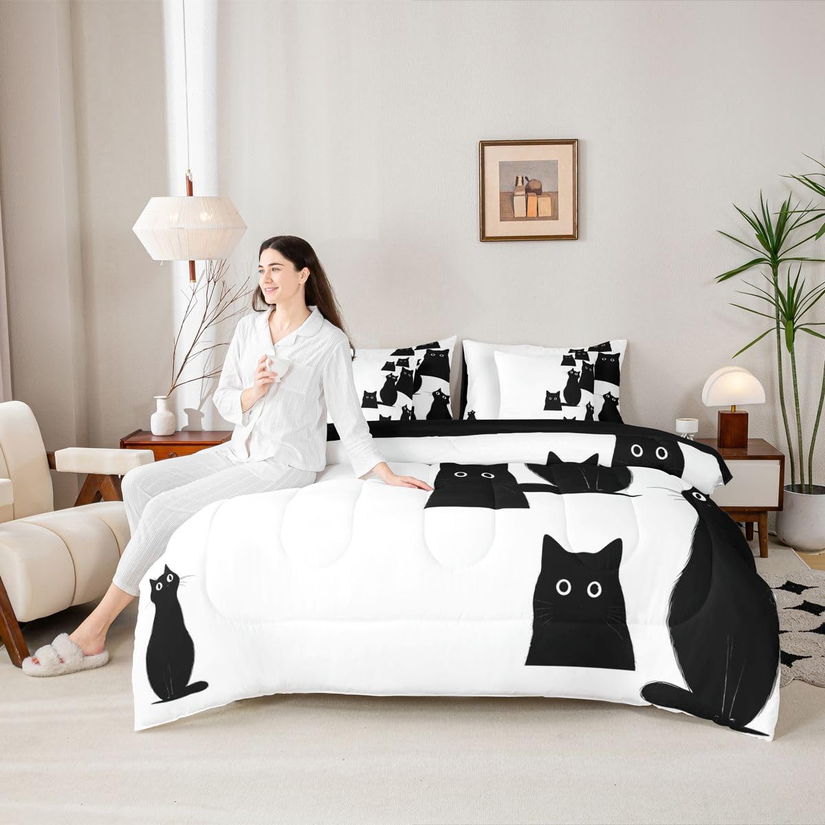 Erosebridal Cute Black Cat 7-Piece Bedding Set Full Size for Boys Girls - Kids Kawaii Cats Bed in a Bag Funny Black Cats Comforter Set with Sheets for Cat Lovers Kawaii Kitten Animal Duvet Insert