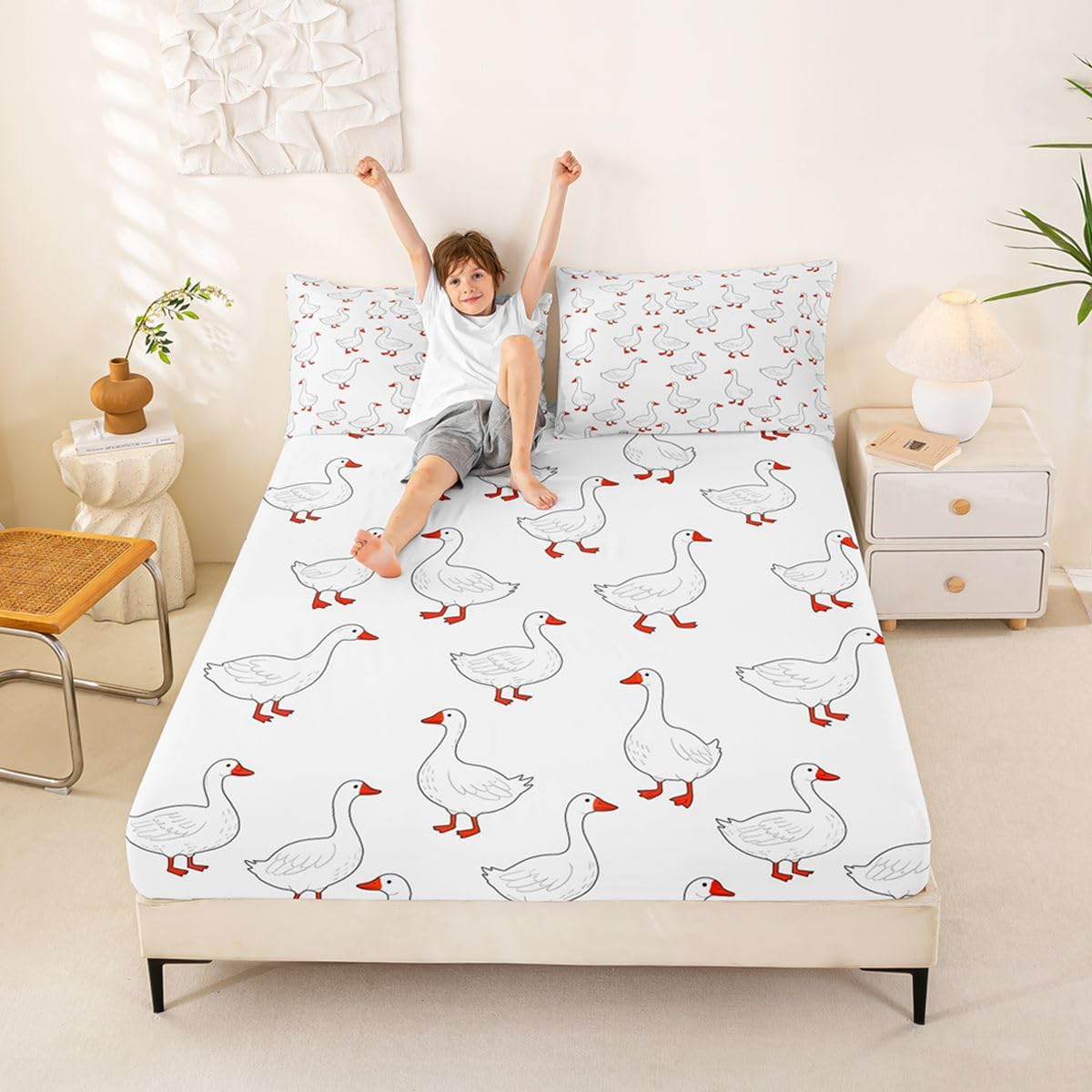 Erosebridal Cartoon Goose Bed Sheets Set Full Kawaii Animal Sheet Set Cute White Geese Sheets Cute Funny Flat Fitted Sheet