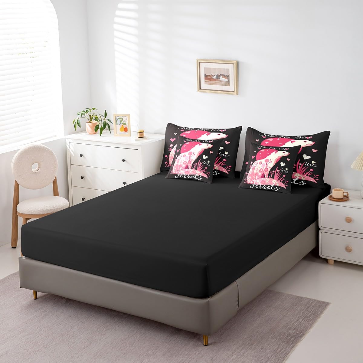 Erosebridal Ferret Comforter Set 7 Piece Bed in a Bag Twin,Abstract Flower Guinea Pig Bedding Sets Lovely Cavy Comforter and Sheet Set,Boho Floral Cute Animal Bed Set