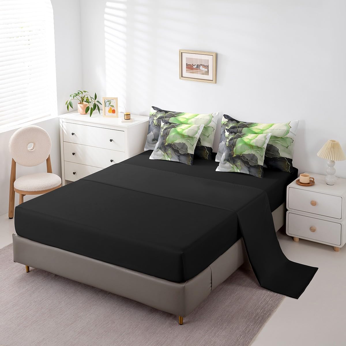 Erosebridal Black and Green Bed in a Bag 7pcs Aesthetic Marble Bedding Set for Girls Women, Foil Print Full Size Comforter Set Mountain Fluid Bedding Comforter Sets, Marbling Bed Set