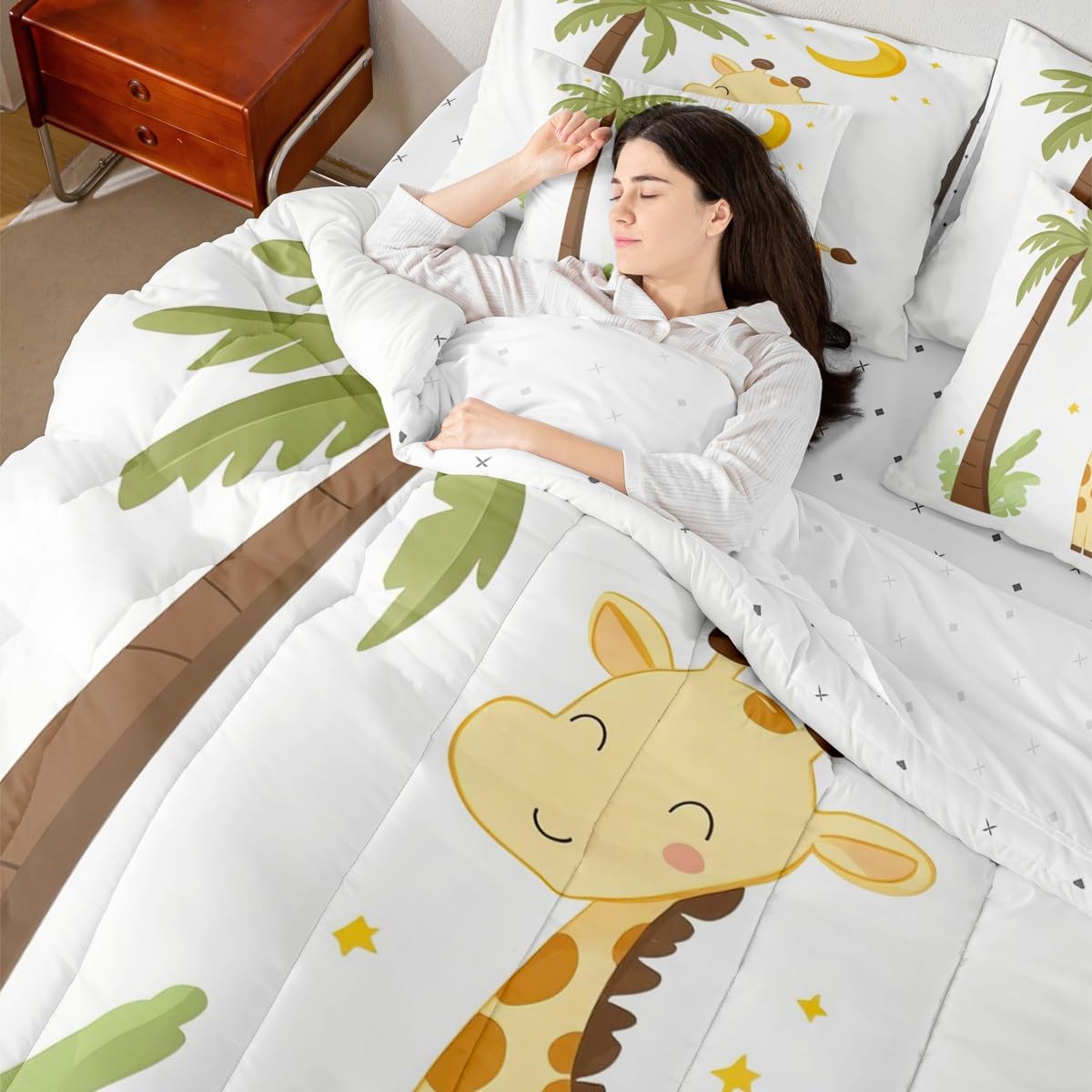 Erosebridal Kawaii Giraffe Twin Size Comforter Set with Sheets Kids | Cartoon Safari Wild Print 7-Piece Bedding Set Watercolor Green Eucalyptus Bed in a Bag African Jungle Animal Bed Quilt Sets