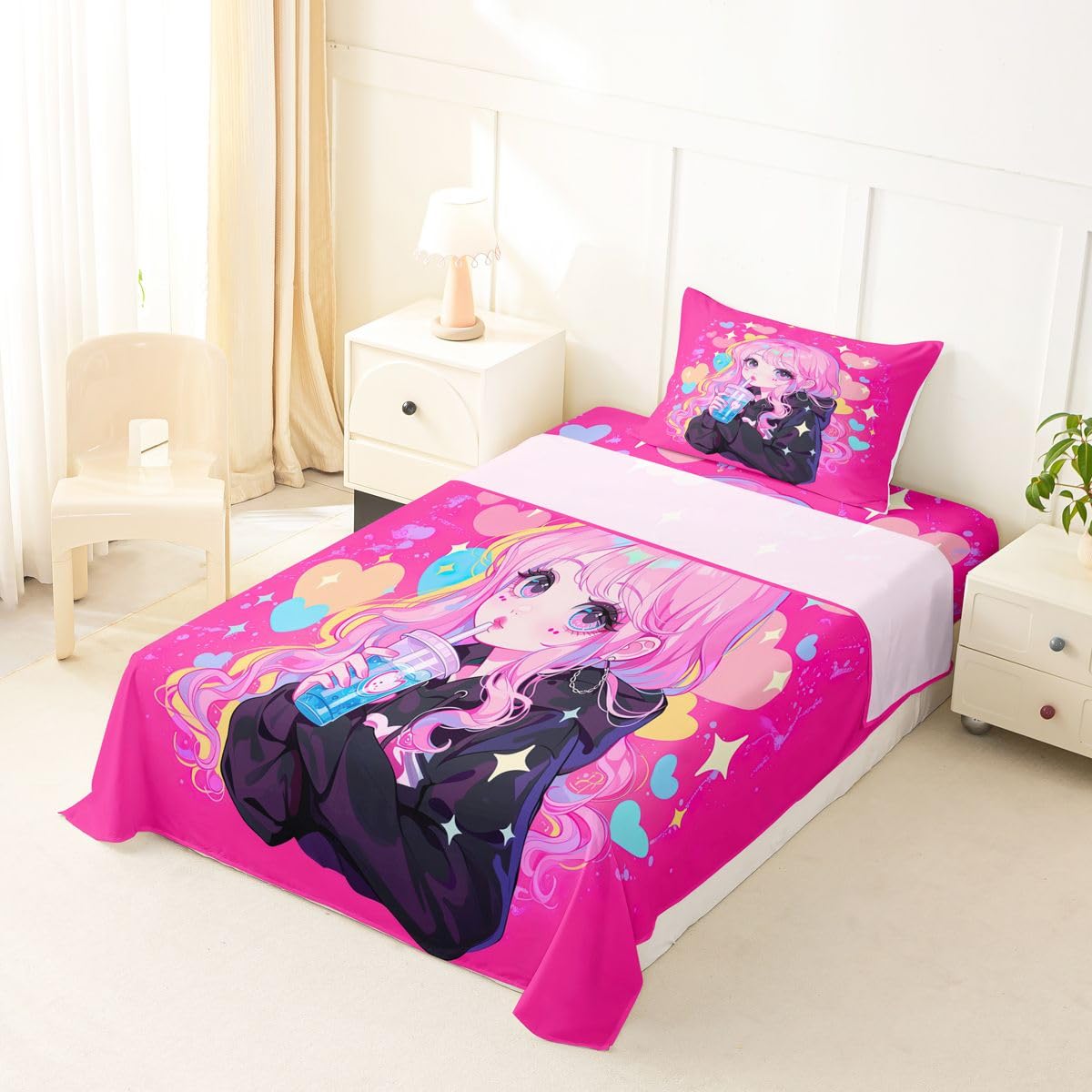 Preppy Girls Sheet Set Twin Kawaii Japanese Girl Drinking Water Bed Sheets Set Coquette Girl With Colorful Curly Hair Sheets For Boys Girls Pink Anime Gifts Flat Fitted Sheet With 1 Pillow Case