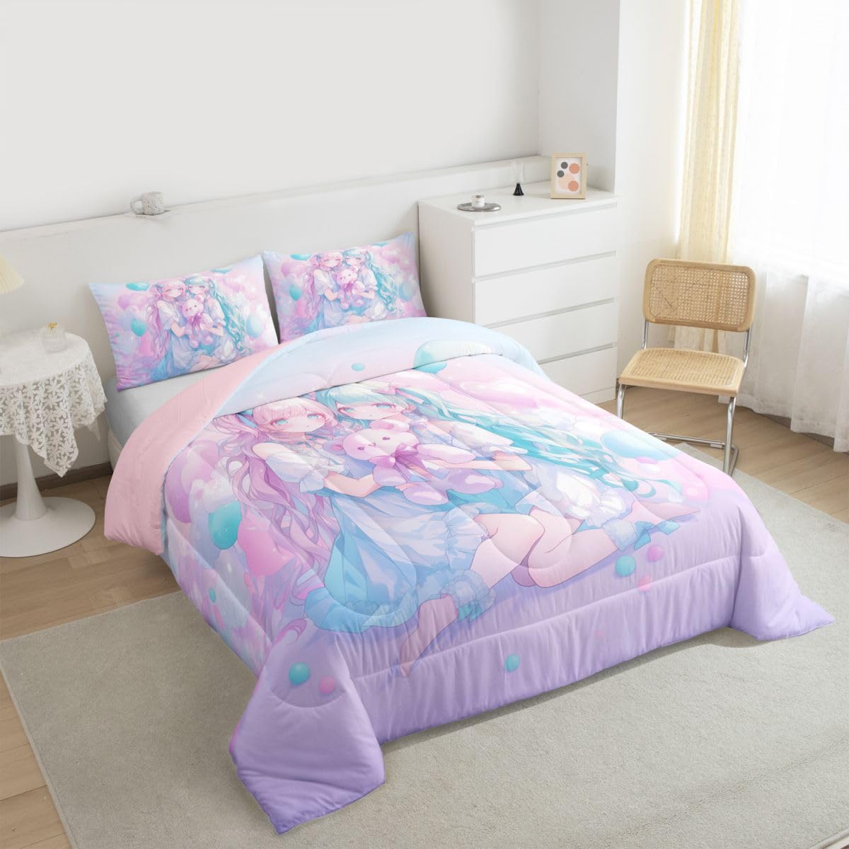 Erosebridal Anime Girl Kids Bedding | Girly Friendship Twin Comforter Sets,Fantasy Dreamy Girls Comforter Romance Ballons Duvet Insert with 1 Pillow Case