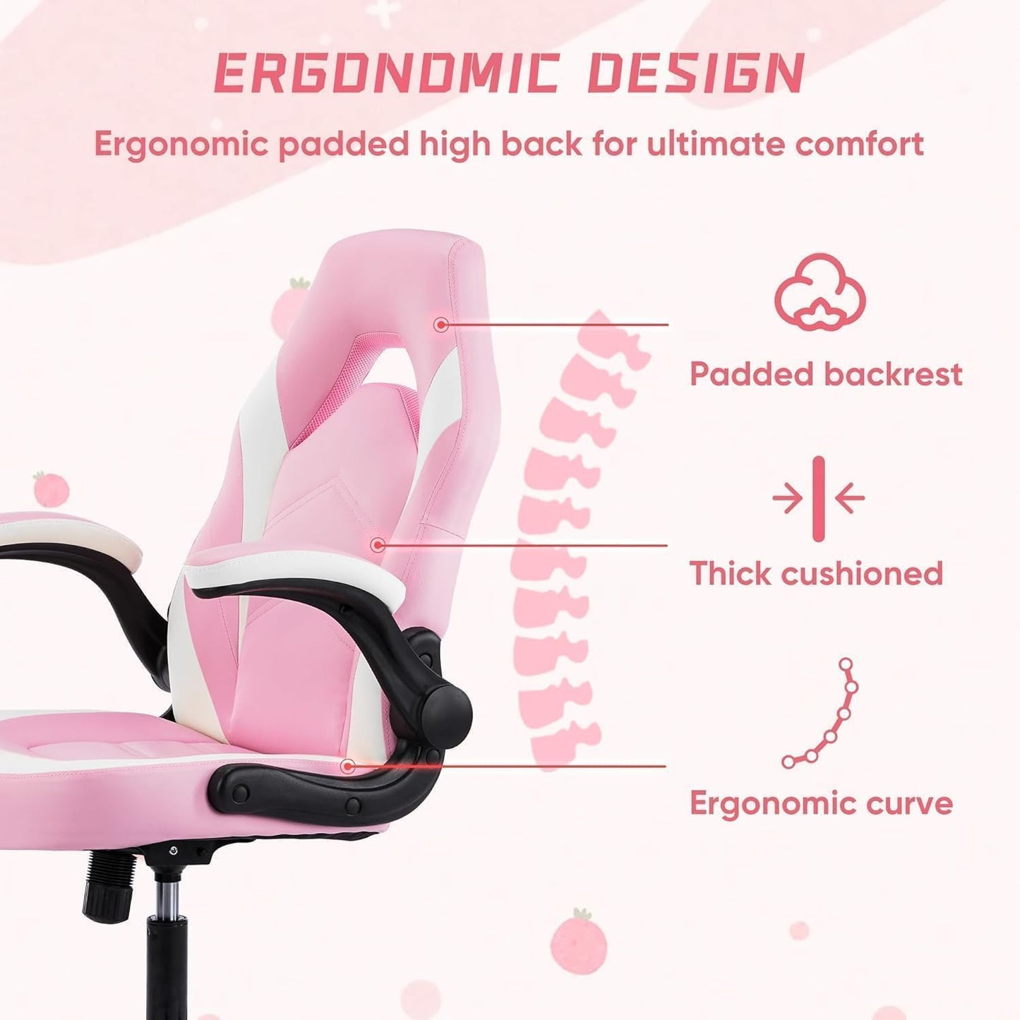 OLIXIS Computer Gaming Desk Chair - Big and Tall Ergonomic Lumbar Support with Flip-up Armrest and 360° Swivel Wheels, PU Leather Height Adjustable, for Home and Office, Pink and White