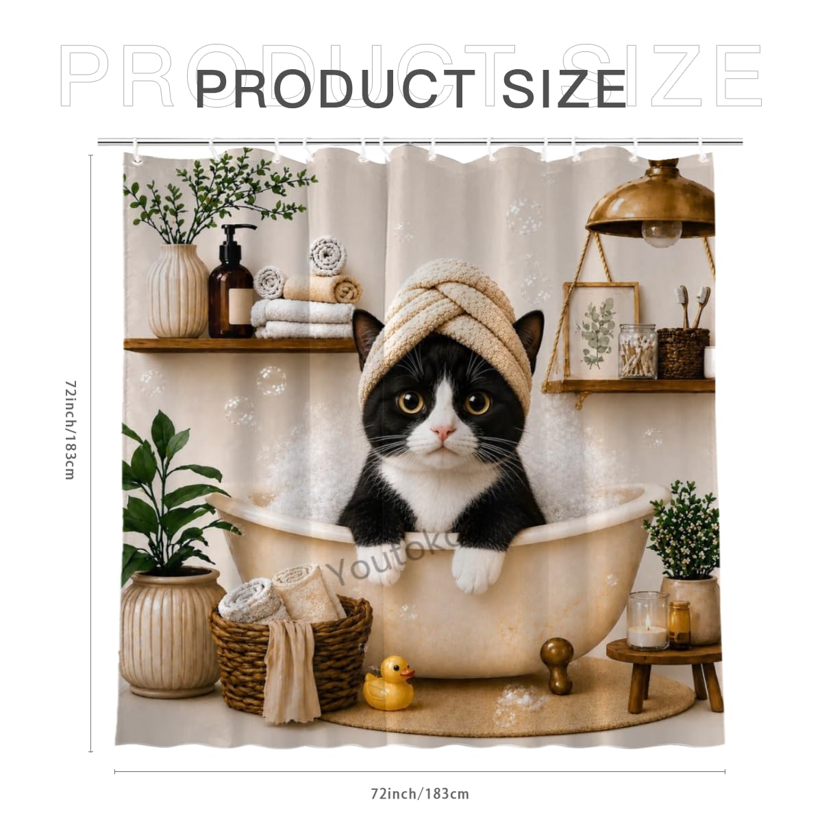 Youtoko Funny Tuxedo Cat Shower Curtain Cute Animal Bubble Bath Bathtub with Bubbles Fabric 72x72 with 12 Hooks Waterproof Washable Polyester Bathroom Decor