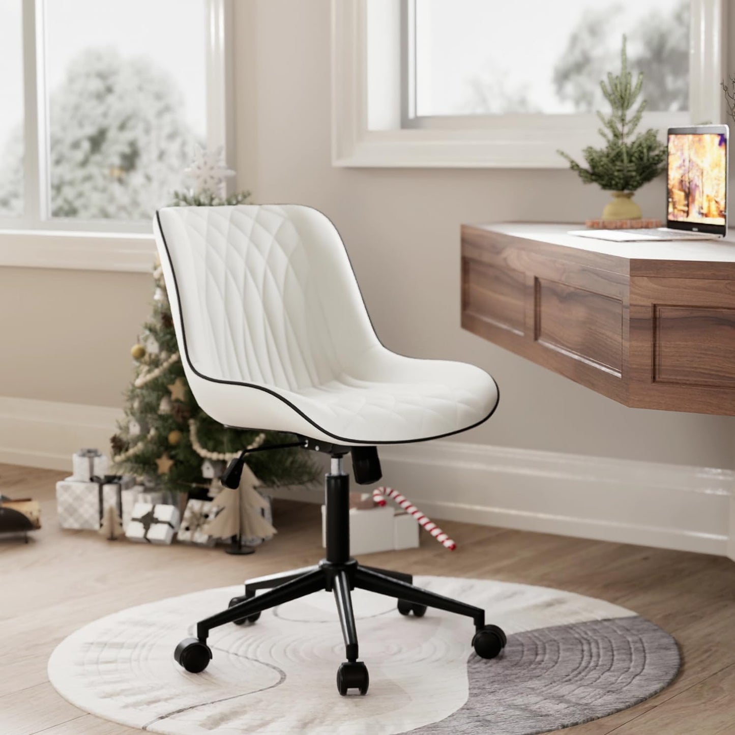 Rowill Modern Office Chair, Swivel Home Office Desk Chair, Rolling Task Chair, Adjustable Work Chair for Small Space, 300LBS Support, White