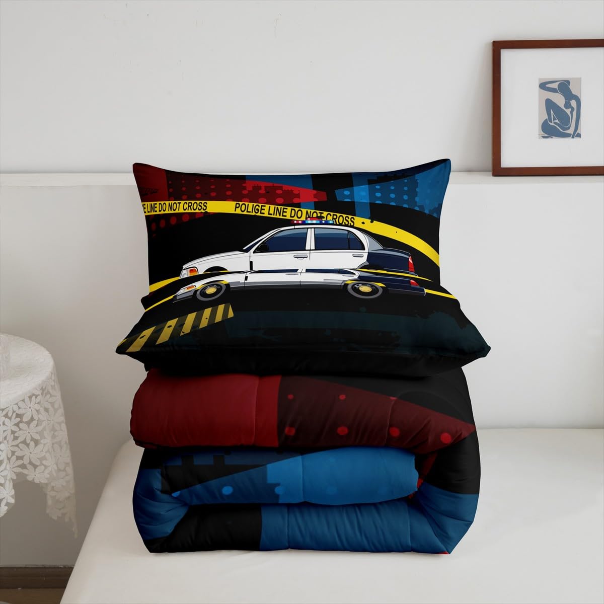 Feelyou Police Car Bedding Set Policeman Vehicle Boys Comforter Set for Kids Teens Soft Automobile Comforter Emergency Responder Vehicles Duvet Set Room Decor Twin Size Quilt Boys