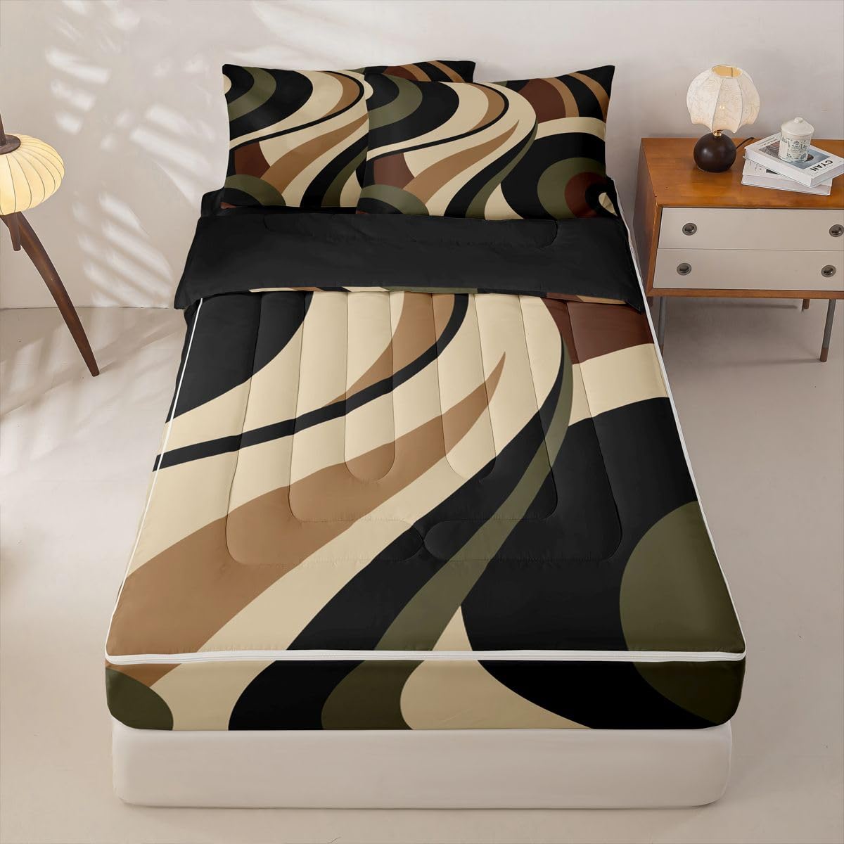 Erosebridal Green Brown Spiral Zipper Bedding Set Twin for Adult Women Men Modern Swirls Stripes Abstract Zipper Comforter Set with Sheets for Minimalists Boho Bed in a Bag Graffiti Art Lines Bed Sets